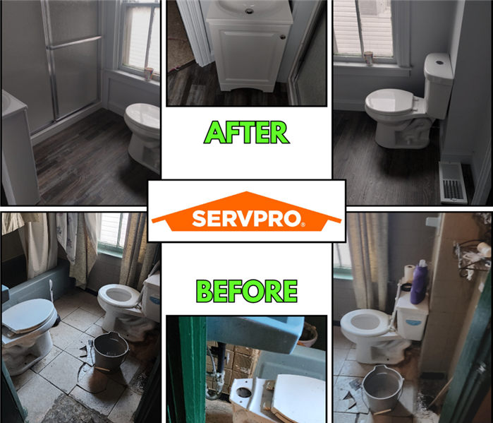 A bathroom is shown in pictures before and after a remodel. From broken tiles and worn fixtures to beautiful, bright, and new