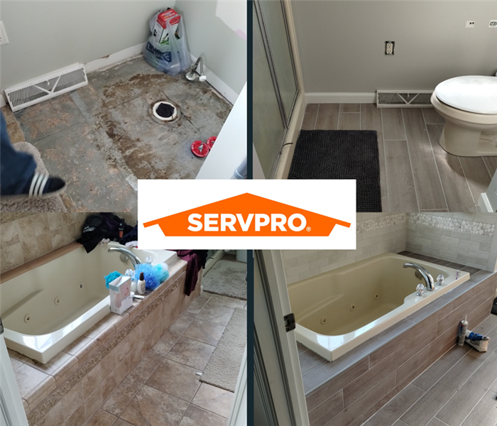 A bathroom tub is shown in stages of disrepair to fully renovated.