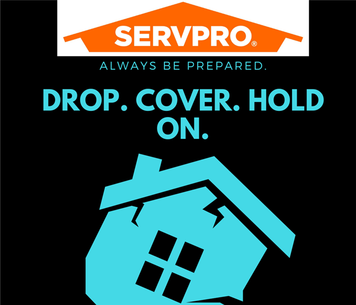 Blue outline of a cracked house with earthquake tips on a black background. Servpro logo is seen at the top.