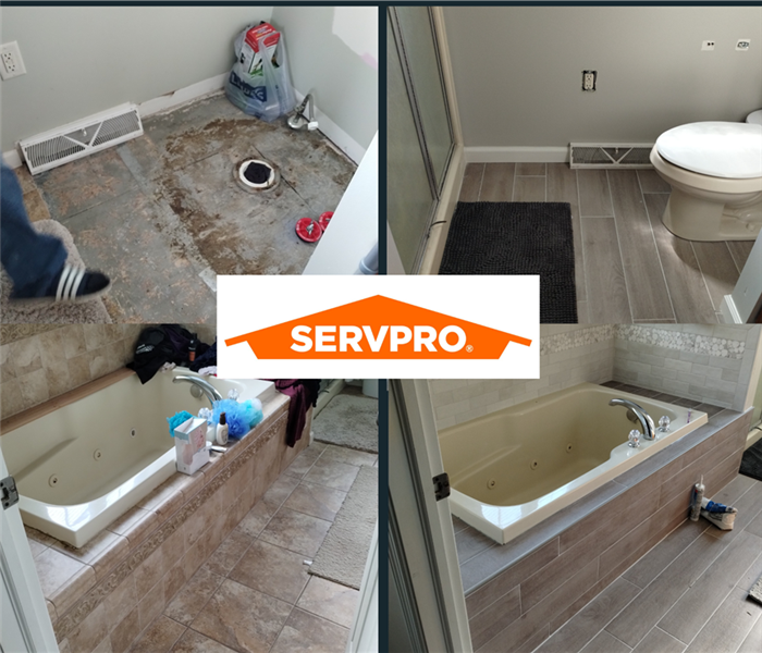 Before and after of SERVPRO cleaning and repair of a bathroom.