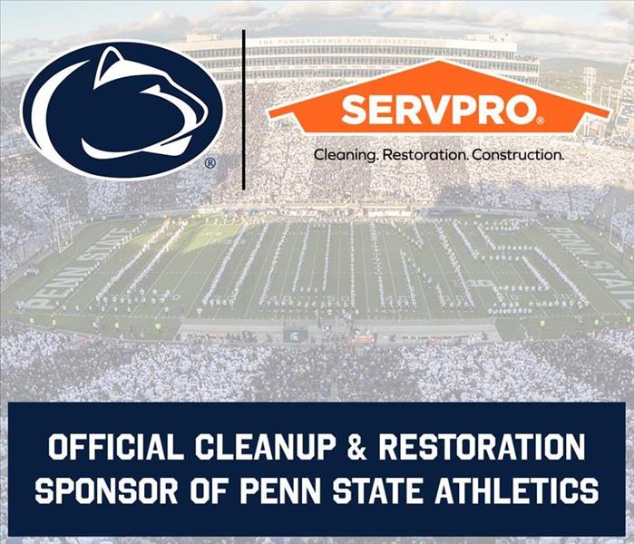 Black Nittany Lions logo and orange SERVPRO logo over Penn State Stadium